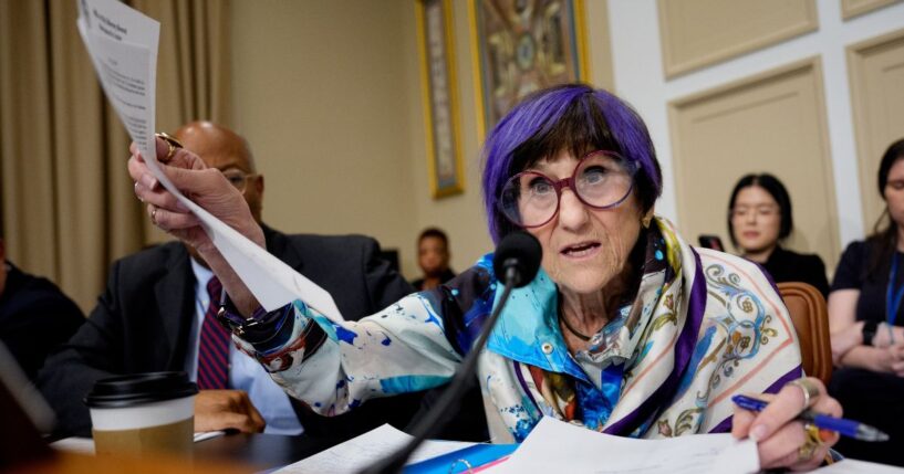 Rep. Rosa L. DeLauro, a Connecticut Democrat, holds up a document Tuesday as she questions acting U.S. Attorney General Todd Blanche during a House Committee hearing in Washington, D.C.