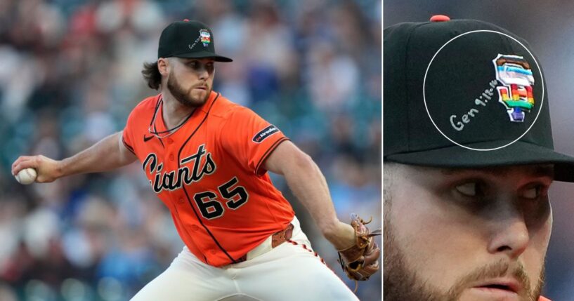 Landen Roupp #65 of the San Francisco Giants modified his "pride" hat with a Bible verse before pitching against the Chicago Cubs Friday in San Francisco, California.