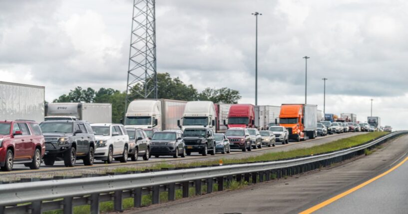 A section of I-95 near Jacksonville, Florida, with a long line of cars stuck in a traffic jam on July 6, 2021.