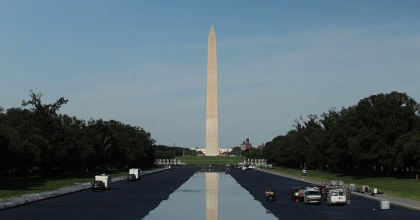 The Washington Monument is seen as the Lincoln Memorial Reflecting Pool fills with water on June 4, 2026, in Washington, D.C.