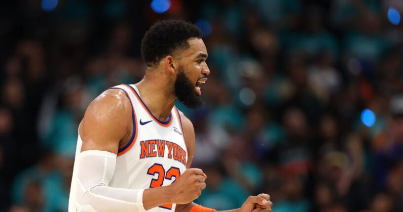 Karl-Anthony Towns of the New York Knicks reacts during the fourth quarter against the San Antonio Spurs in Game One of the 2026 NBA Finals at Frost Bank Center on June 3, 2026, in San Antonio, Texas.
