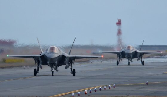 United States Marine Corps Lockheed Martin F-35B Lightning II STOVL stealth multirole fighters belonging to the VMFA-121 "Green Knights" taxiing at the MCAS Iwakuni in Yamaguchi, Japan, on March 23, 2017.