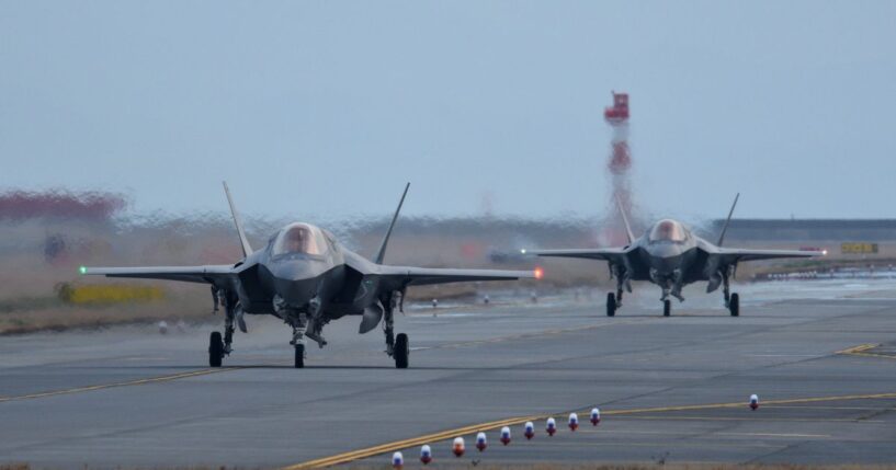 United States Marine Corps Lockheed Martin F-35B Lightning II STOVL stealth multirole fighters belonging to the VMFA-121 "Green Knights" taxiing at the MCAS Iwakuni in Yamaguchi, Japan, on March 23, 2017.