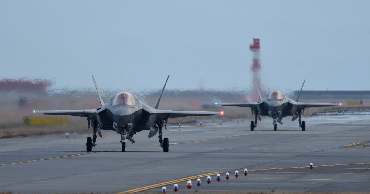 United States Marine Corps Lockheed Martin F-35B Lightning II STOVL stealth multirole fighters belonging to the VMFA-121 "Green Knights" taxiing at the MCAS Iwakuni in Yamaguchi, Japan, on March 23, 2017.