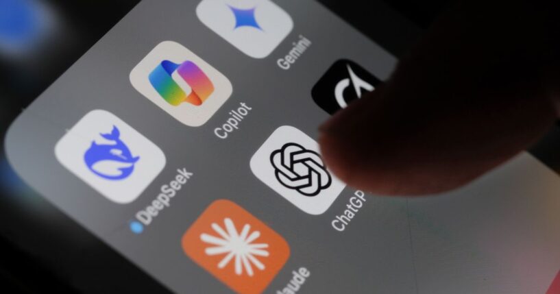 An iPhone screen with artificial intelligence icons on May 3, 2025, in London, United Kingdom.