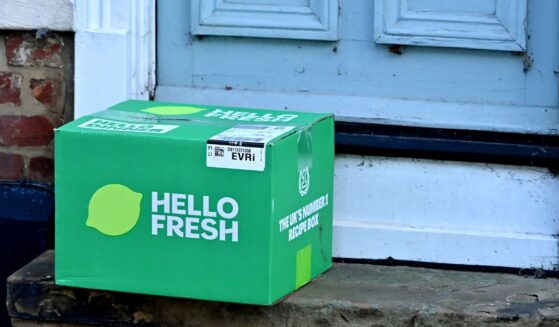 A HelloFresh box sits on a doorstep on Jan. 24, 2026, in Great Dunmow, United Kingdom.
