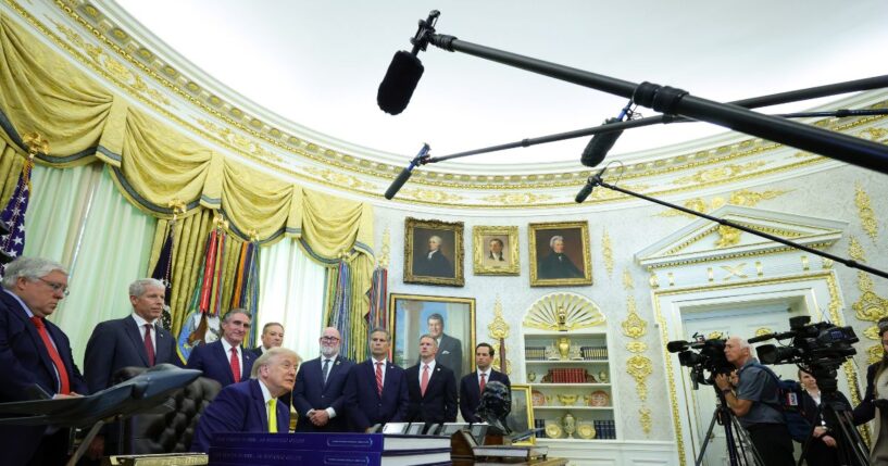 President Donald Trump speaks to the media during a "Beautiful, Clean Coal" event in the Oval Office of the White House on June 4, 2026, in Washington, D.C.