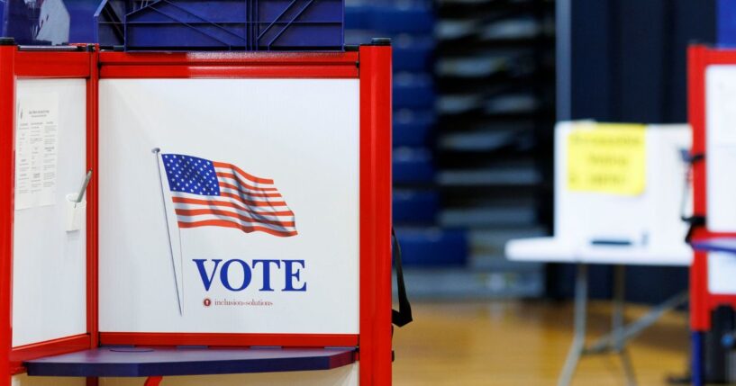 Booths await Maine residents to cast their ballots at a polling station inside the Portland Exposition Building on June 9, 2026, in Bangor, Maine.