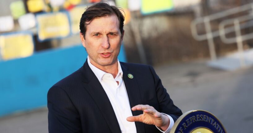 Rep. Dan Goldman speaks during a press conference at the entrance of the migrant relief center at Brooklyn Cruise Terminal on Feb. 2, 2023, in New York City.