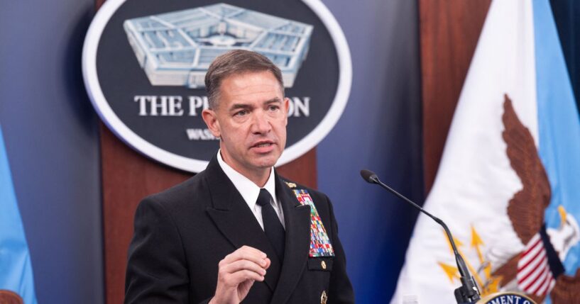 CENTCOM Commander Adm. Brad Cooper speaks during a press briefing at the Pentagon in Washington, D.C., on April 16, 2026.