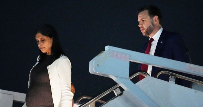 Vice President J.D. Vance and Second Lady Usha Vance arrive on Air Force Two at Colorado Springs Airport on May 27, 2026, in Colorado Springs, Colorado.