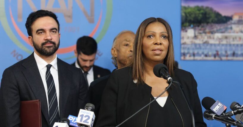 New York City Mayor Zohran Mamdani and Attorney General of New York Letitia James during the 2025 National Action Network Thanksgiving Feeding at National Action Network’s House of Justice on Nov. 27, 2025, in New York City.