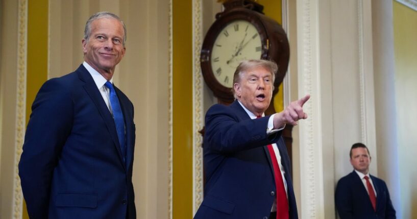 Senate Majority Leader John Thune watches as President Donald Trump speaks to the media as they arrive at the U.S. Capitol on June 24, 2026, in Washington, D.C.
