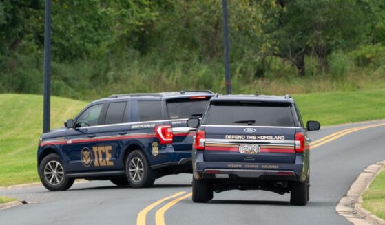 Immigration and Customs Enforcement agents in newly designed vehicles arrive ahead of a scheduled speech by President Donald Trump at the Park Police Anacostia Operating Facility on Aug. 21, 2025, in Washington, D.C.