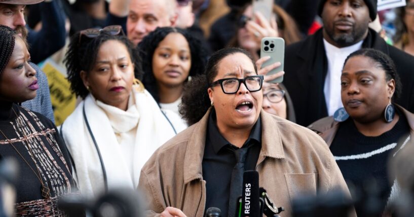 St. Paul Public School board member and activist Chauntyll Allen speaks with media gathered after an arraignment hearing at the Warren E. Burger Federal Building and U.S. Courthouse on Feb. 13, 2026, in St. Paul, Minnesota.
