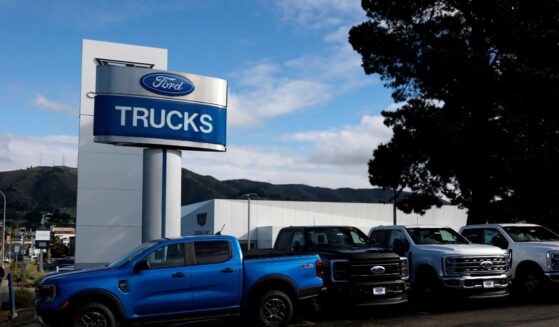 Ford pickup trucks are displayed on the sales lot at Serramonte Ford on Jan. 6, 2026, in Colma, California.