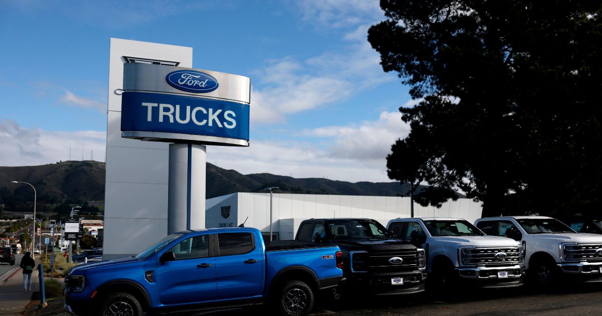 Ford pickup trucks are displayed on the sales lot at Serramonte Ford on Jan. 6, 2026, in Colma, California.