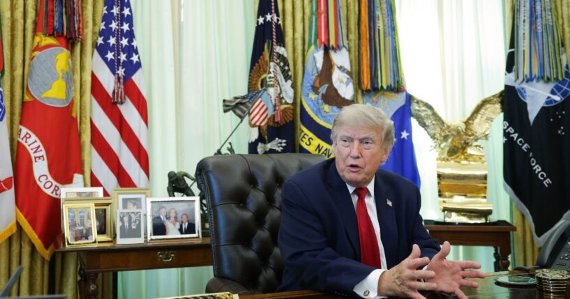 President Donald Trump talks to reporters after signing an executive order dealing with automobile repairs with Environmental Protection Agency Administrator Lee Zeldin in the Oval Office at the White House on June 29, 2026, in Washington, D.C.