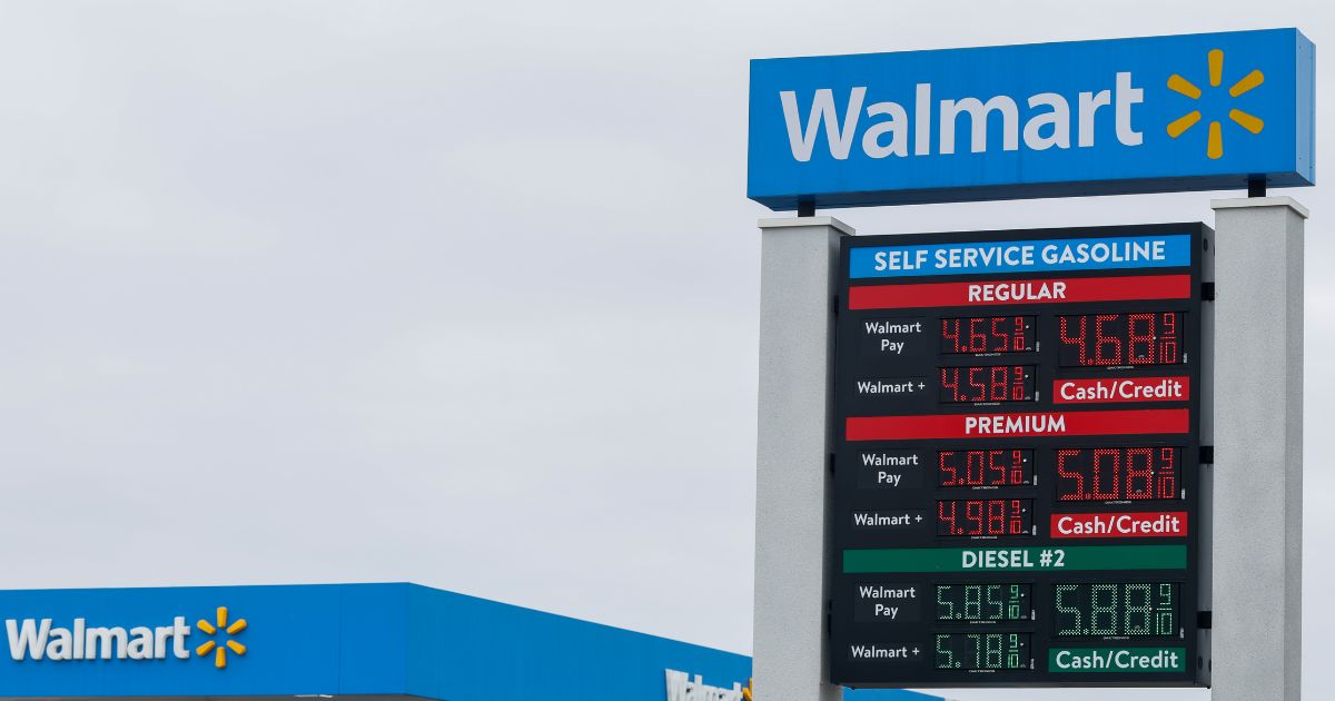 Gas prices seen at a Walmart gas station in front of a Walmart Super Center on June 29, 2026, in Lakewood, California.