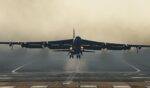 A United States Air Force B-52 Stratofortress strategic bomber takes off from RAF Fairford on March 19, 2026, in Fairford, England.