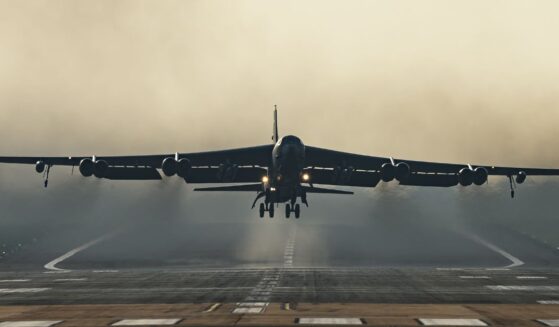 A United States Air Force B-52 Stratofortress strategic bomber takes off from RAF Fairford on March 19, 2026, in Fairford, England.