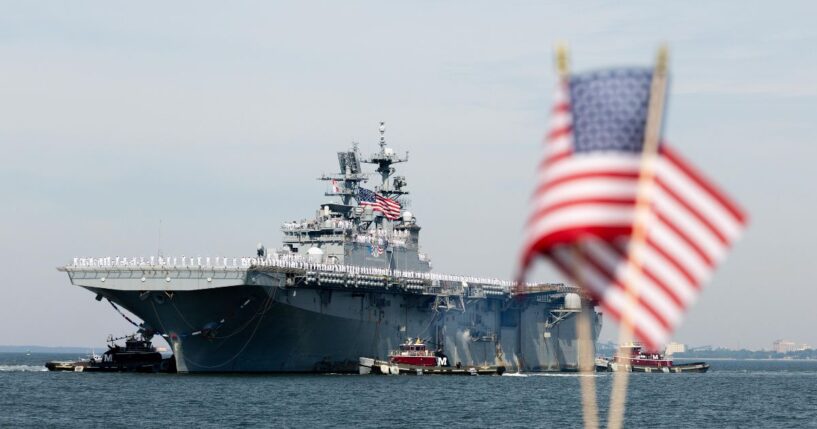 Wasp-class amphibious assault ship USS Iwo Jima returns to Naval Station Norfolk on June 6, 2026, in Norfolk, Virginia.