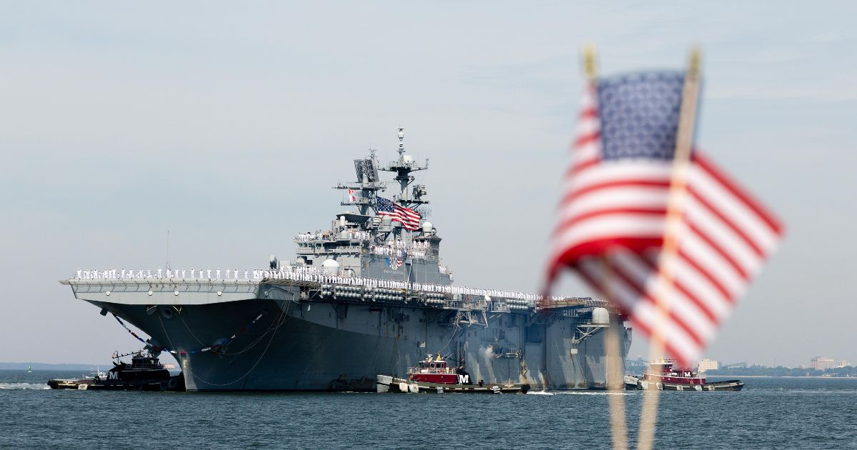 Wasp-class amphibious assault ship USS Iwo Jima returns to Naval Station Norfolk on June 6, 2026, in Norfolk, Virginia.