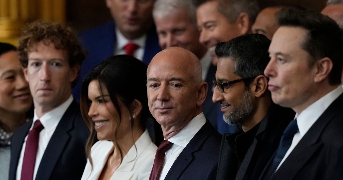 Guests including Mark Zuckerberg, Lauren Sanchez, Jeff Bezos, Sundar Pichai, and Elon Musk attend the Inauguration of Donald J. Trump in the U.S. Capitol Rotunda on Jan. 20, 2025, in Washington, D.C.