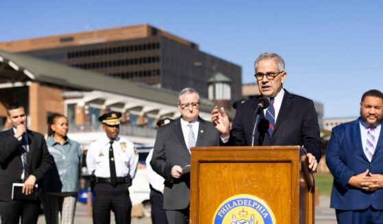 Philadelphia District Attorney Larry Krasner speaks to reporters on Independence Mall about his offices Election Task Force and Election Day security in Philadelphia, Pennsylvania, on Nov. 7, 2022.