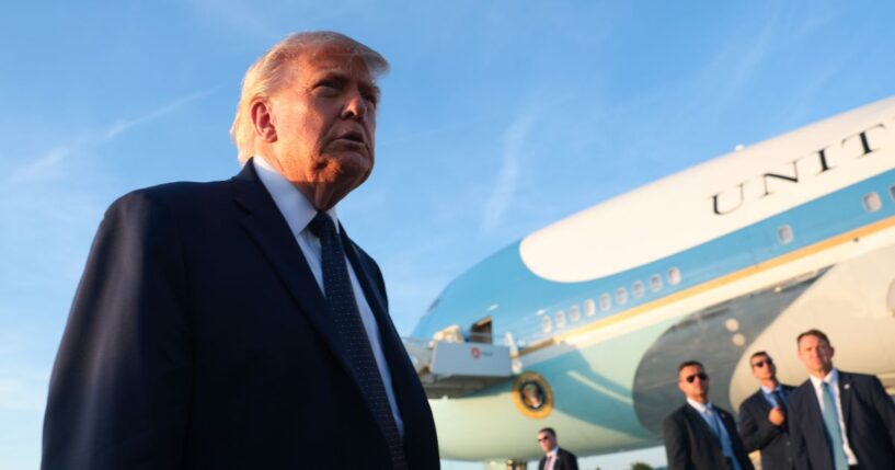 President Donald Trump walks to speak to reporters as he arrives at Orly Airport to attend a dinner with French President Emmanuel Macron at Chateau de Versailles on June 17, 2026, in Orly, France.