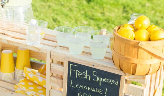 A lemonade stand is set up in the front yard of a home in the suburbs.