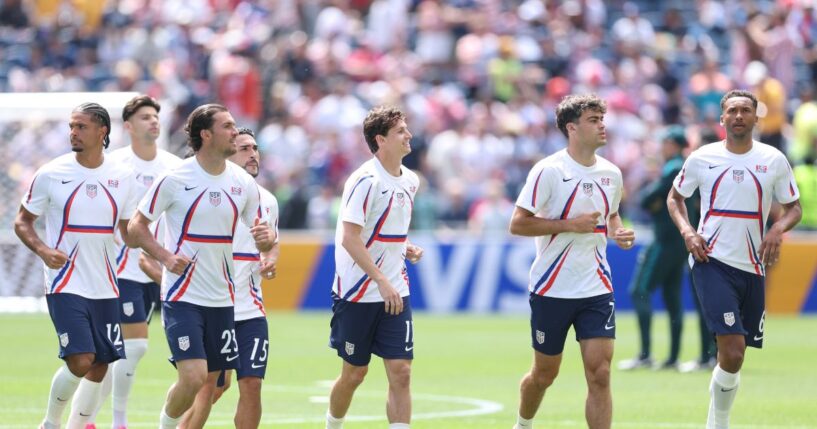 Players of the United States warm up before the FIFA World Cup 2026 Group D match between the United States and Australia at Seattle Stadium on June 19, 2026, in Seattle, Washington.