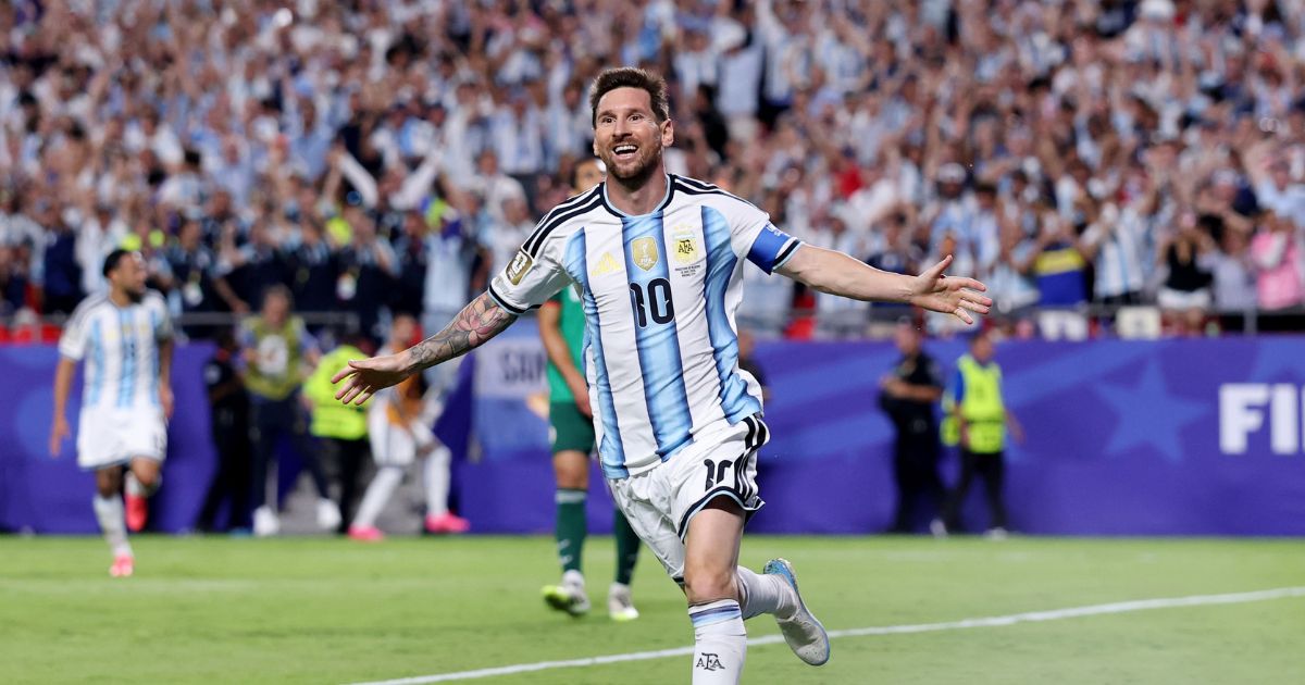 Lionel Messi of Argentina celebrates scoring his team's second goal during the FIFA World Cup 2026 Group J match between Argentina and Algeria at Kansas City Stadium on June 16, 2026, in Kansas City, Missouri.