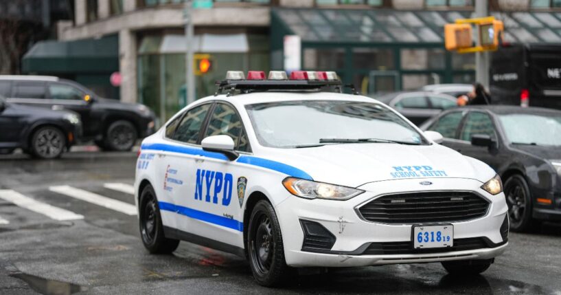 A general view of a police car next to the show venue, outside Brandon Maxwell, during New York Fashion Week, on Feb. 6, 2025, in New York City.