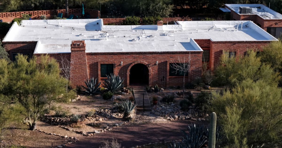 In an aerial view, the home of Nancy Guthrie is shown on March 2, 2026, in Tucson, Arizona.