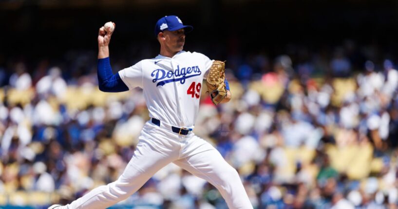 Blake Treinen of the Los Angeles Dodgers pitches during the game against the Los Angeles Angels at Dodger Stadium on June 7, 2026, in Los Angeles, California.