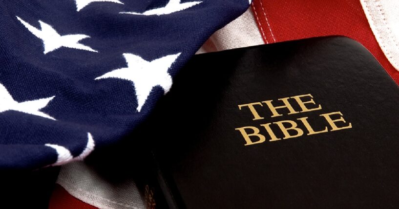 A Bible and an American flag.