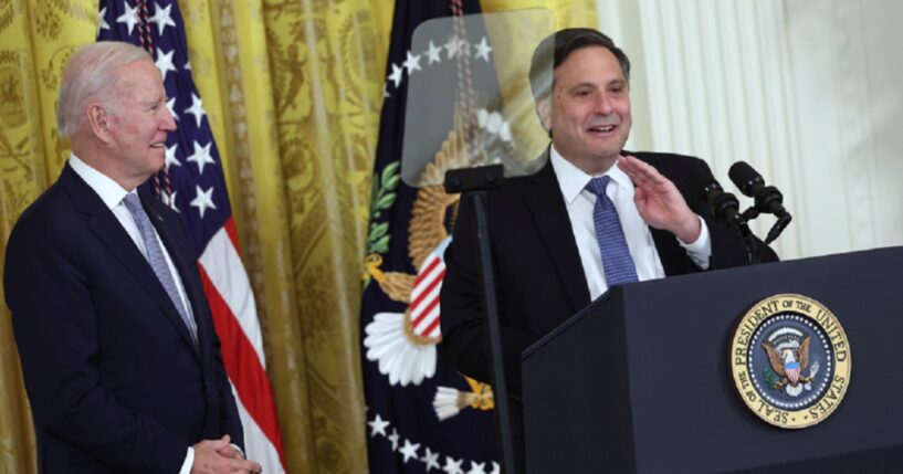 Then-White House Chief of Staff Ron Klain is pictured in a Feb. 1 2023 file photo with then-President Joe Biden.