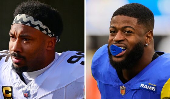 This photo combination shows Cleveland Browns defensive end Myles Garrett, left, in Cincinnati, Ohio, on Jan. 4, 2026, and Los Angeles Rams linebacker Jared Verse, on Jan. 4, 2026, in Inglewood, California.