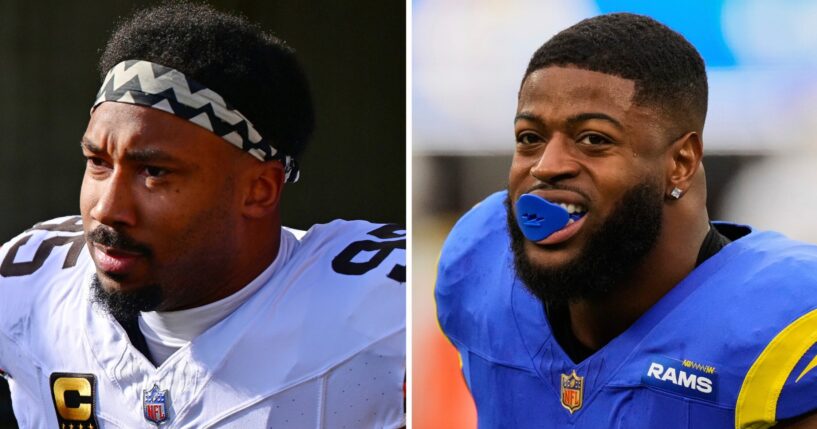 This photo combination shows Cleveland Browns defensive end Myles Garrett, left, in Cincinnati, Ohio, on Jan. 4, 2026, and Los Angeles Rams linebacker Jared Verse, on Jan. 4, 2026, in Inglewood, California.