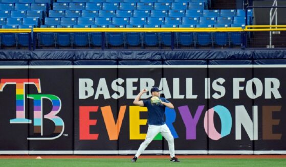 A rainbow-themed "Baseball is for Everyone" banner is pictured in a June 7, 2023, file photo at the Tampa Bay Rays' Tropicana Field in St. Petersburg, Florida.
