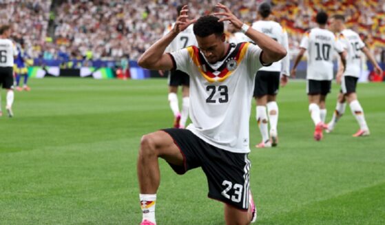 German national team soccer player Felix Nmecha celebrates scoring his team's first goal of the World Cup on Sunday in Houston.