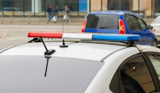 A police car with flashing lights is pictured in a stock photo. 