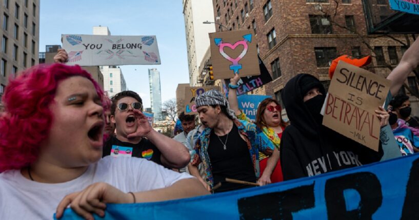 Activists march through Manhattan in March 2025 during a Trans Day of Visibility protest.