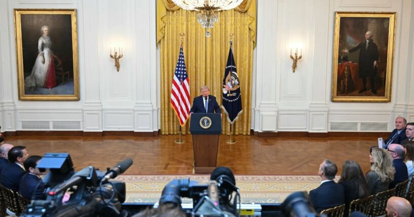 President Donald Trump addresses the nation from the East Room of the White House on July 16, 2026, in Washington, D.C.