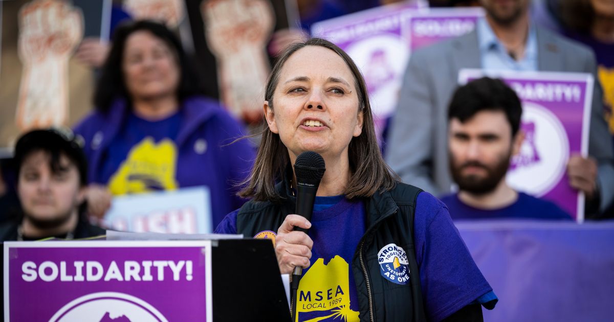 Maine Secretary of State Shenna Bellows speaks during a May Day rally organized by local unions, on May 1, 2026, outside City Hall in Portland, Maine.