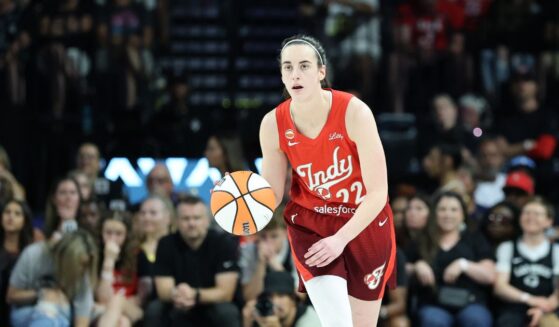 Caitlin Clark of the Indiana Fever brings the ball up the court against the Las Vegas Aces in the fourth quarter of their game at Michelob ULTRA Arena on July 12, 2026, in Las Vegas, Nevada.