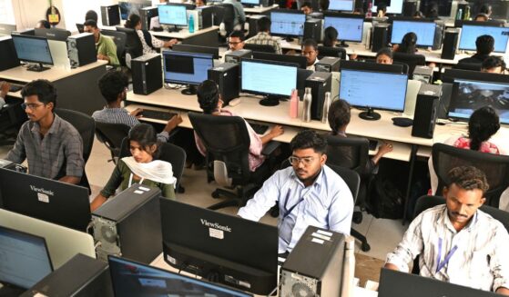 This photograph taken on May 13, 2026, shows engineers annotating data from cameras recording actions through motion capture at AI data company Objectways' office in Tamil Nadu's Karur district.