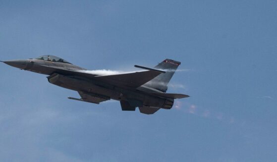 An F-16 fighter jet flies during an exhibition over Las Palmas air base in Lima, Peru, on April 23, 2026.