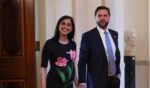 Second Lady Usha Vance and Vice President J.D. Vance arrive for a military mothers celebration in the East Room of the White House on May 6, 2026, in Washington, D.C.